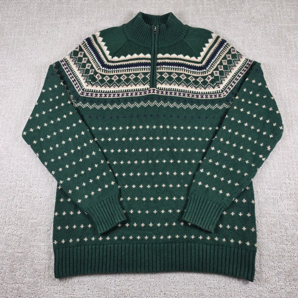 J.Crew Mercantile Mens Large Green Fair Isle Lambswool Blend Quarter Zip Sweater
